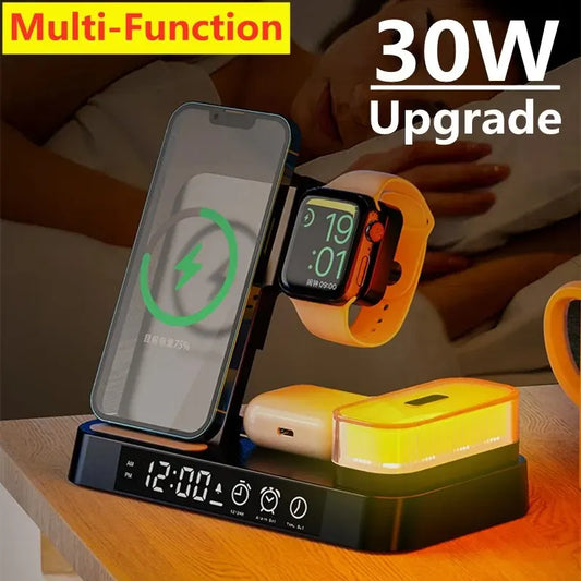 30W 3 In 1 Wireless Charger Stand Pad Alarm Clock Night Light