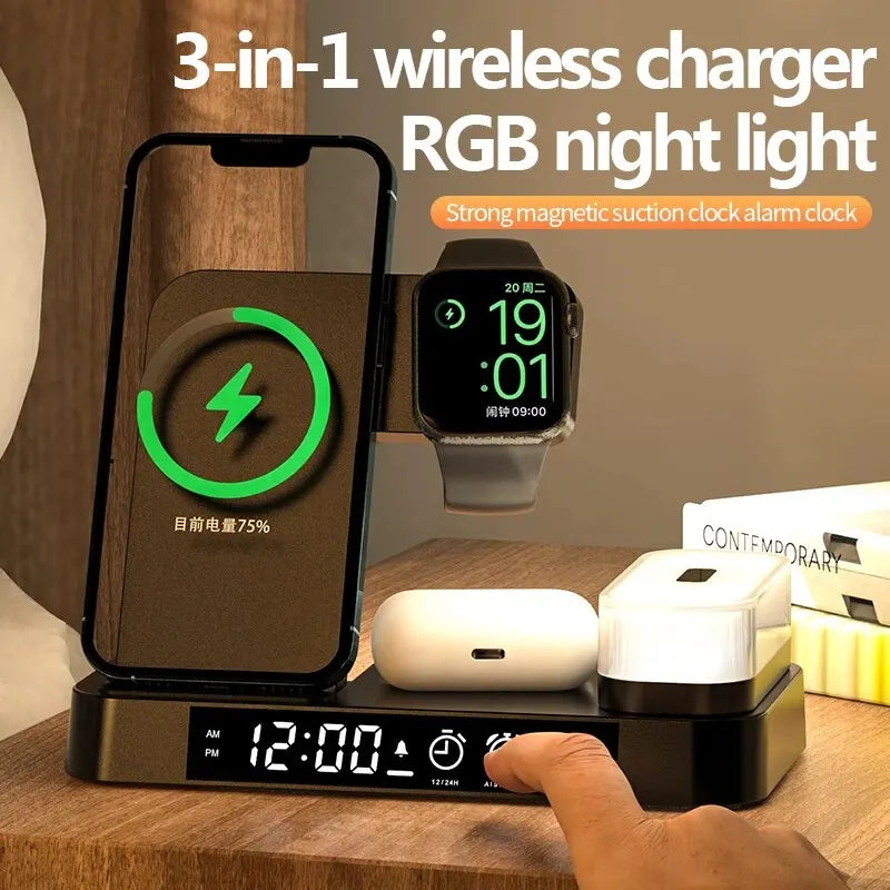 30W 3 In 1 Wireless Charger Stand Pad Alarm Clock Night Light